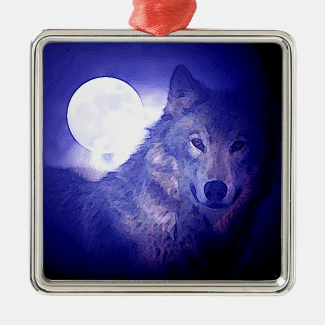 Wolf, Moon & Blue Night Metal Tree Decoration (Front)
