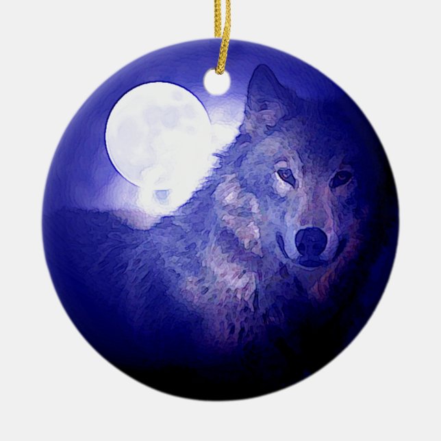 Wolf, Moon & Blue Night Ornament (Front)