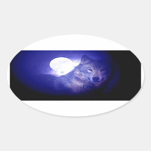 Wolf, Moon & Blue Night Oval Sticker