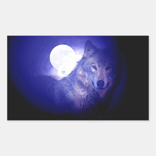 Wolf, Moon & Blue Night Rectangular Sticker