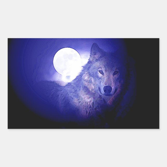 Wolf, Moon & Blue Night Rectangular Sticker (Front)