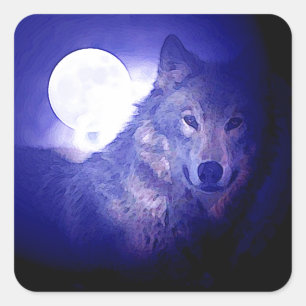 Wolf, Moon & Blue Night Square Sticker