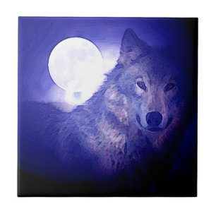 Wolf, Moon & Blue Night Tile
