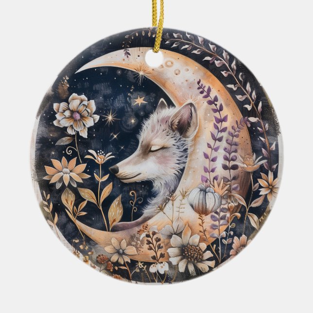Wolf Moon  Ceramic Tree Decoration (Front)