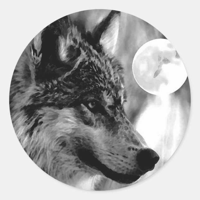 Wolf & Moon Classic Round Sticker (Front)