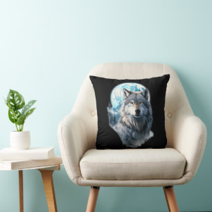 Wolf Moon Graphic Howling ,Under Full Moon Night Cushion