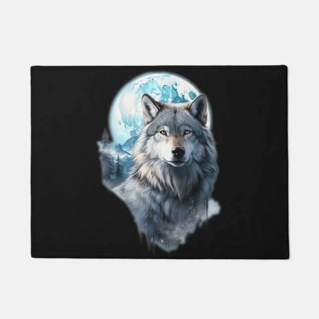 Wolf Moon Graphic Howling ,Under Full Moon Night  Doormat (Front)