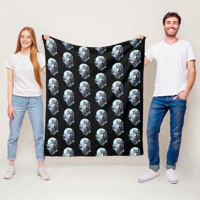 Wolf Moon Graphic Howling ,Under Full Moon Night  Fleece Blanket (In Situ)