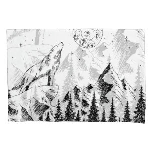 Wolf Moon: Mountains Graphic Sketch. Pillowcase