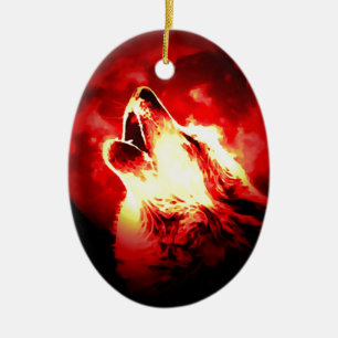 Wolf, Moon & Red Sky Ceramic Tree Decoration