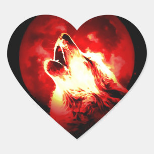 Wolf, Moon & Red Sky Heart Sticker