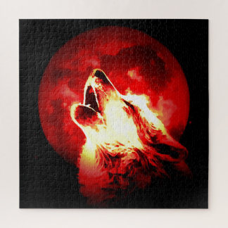 Wolf, Moon & Red Sky Illustration Jigsaw Puzzle