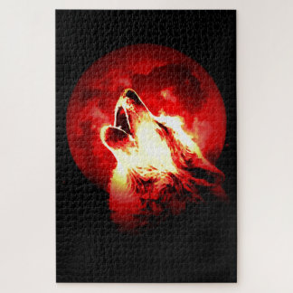 Wolf, Moon & Red Sky Illustration Jigsaw Puzzle