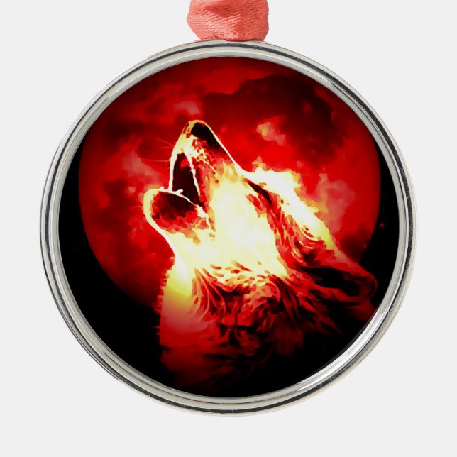 Wolf, Moon & Red Sky Metal Tree Decoration (Front)