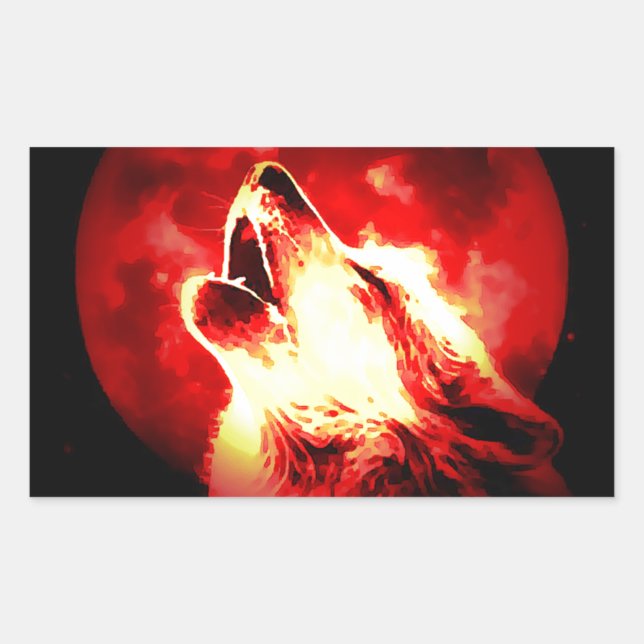Wolf, Moon & Red Sky Rectangular Sticker (Front)