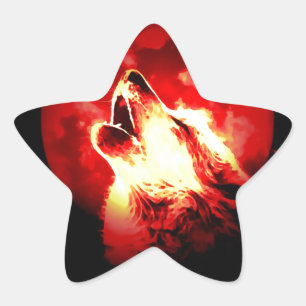 Wolf, Moon & Red Sky Star Sticker