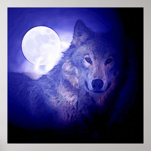 Wolf & Moon Square Poster Print Blue Night Wolves