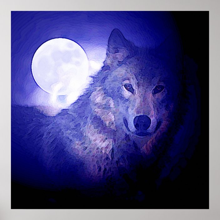 Wolf & Moon Square Poster Print Blue Night Wolves | Zazzle.co.uk