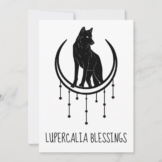 Wolf Moon & Stars Black Lupercalia Valentines Holiday Card (Front)