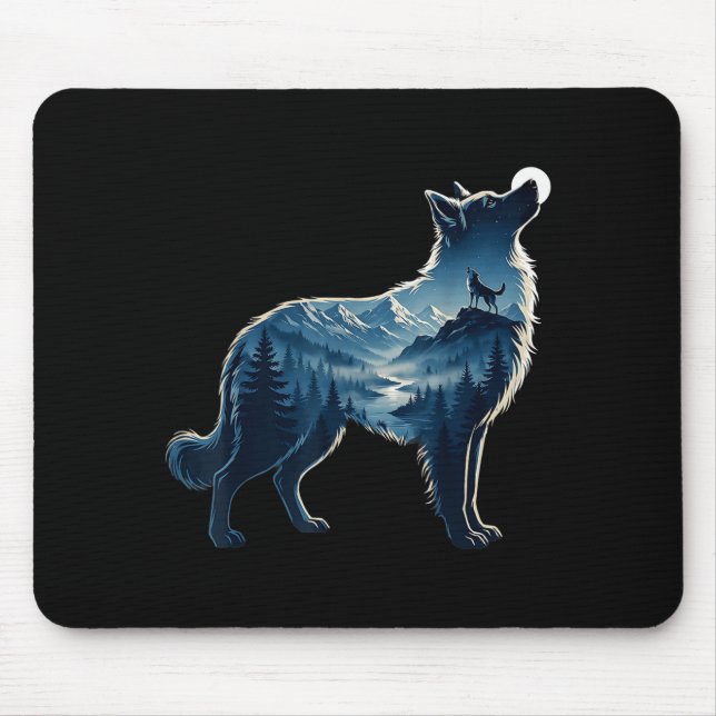 Wolf moonlit mountain forest exposure art  mouse mat (Front)