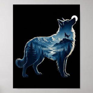 Wolf moonlit mountain forest exposure art poster