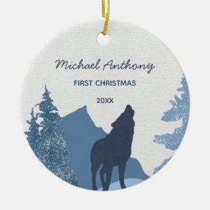 Wolf Mountain Forest Baby's First Christmas Photo Ceramic Tree Decoration