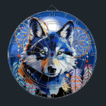 Wolf Native Animal Spirit  Dartboard<br><div class="desc">Beautiful Wolf with deep yellow eyes,  with Native American Dreamcatcters,  in a Wild Blue Mountains Landscape and Full Moon. Original Vector Round Logo Design isolated on white Copyright BluedarkArt TheChameleonArt.</div>