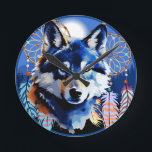 Wolf Native Animal Spirit  Round Clock<br><div class="desc">Beautiful Wolf with deep yellow eyes,  with Native American Dreamcatcters,  in a Wild Blue Mountains Landscape and Full Moon. Original Vector Round Logo Design isolated on white Copyright BluedarkArt TheChameleonArt.</div>