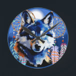 Wolf Native Animal Spirit  Round Clock<br><div class="desc">Beautiful Wolf with deep yellow eyes,  with Native American Dreamcatcters,  in a Wild Blue Mountains Landscape and Full Moon. Original Vector Round Logo Design isolated on white Copyright BluedarkArt TheChameleonArt.</div>