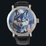 Wolf Native Animal Spirit  Watch<br><div class="desc">Beautiful Wolf with deep yellow eyes,  with Native American Dreamcatcters,  in a Wild Blue Mountains Landscape and Full Moon. Original Vector Round Logo Design isolated on white Copyright BluedarkArt TheChameleonArt.</div>