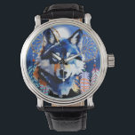 Wolf Native Animal Spirit  Watch<br><div class="desc">Beautiful Wolf with deep yellow eyes,  with Native American Dreamcatcters,  in a Wild Blue Mountains Landscape and Full Moon. Original Vector Round Logo Design isolated on white Copyright BluedarkArt TheChameleonArt.</div>
