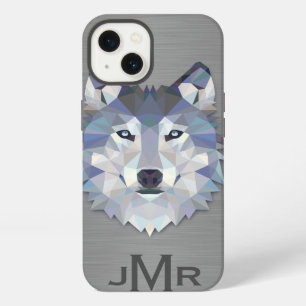 Wolf on Brushed Steel Metal Effect Monogram iPhone 13 Case