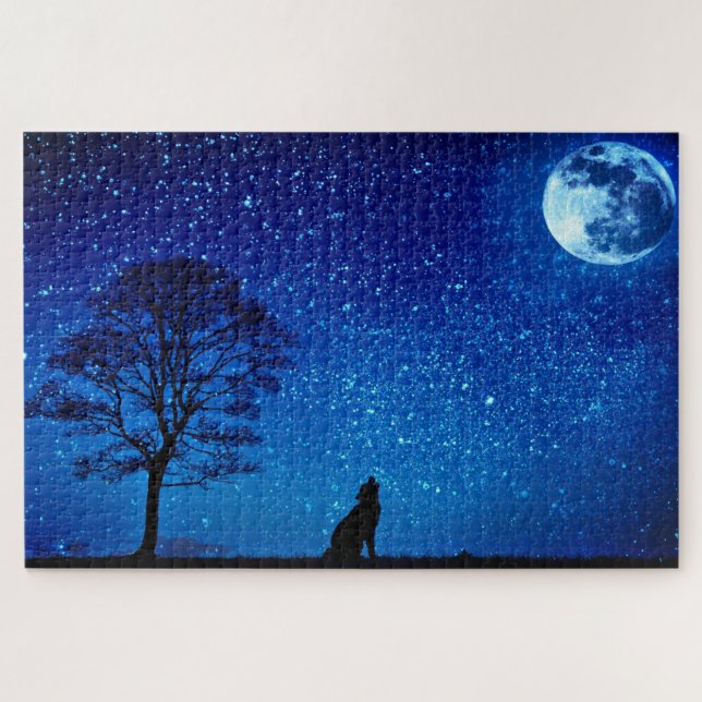 Wolf on Full Moon Night Jigsaw Puzzle (Horizontal)