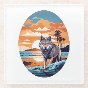 Wolf on the Beach Glass Coaster