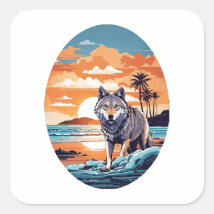 Wolf on the Beach Square Sticker