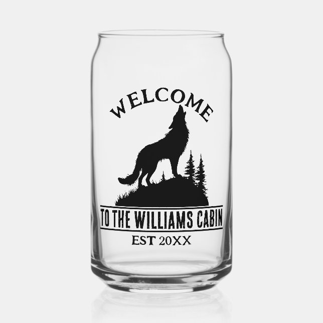 Wolf Outdoors Camp Personalised Family Cabin Name Can Glass (Front)