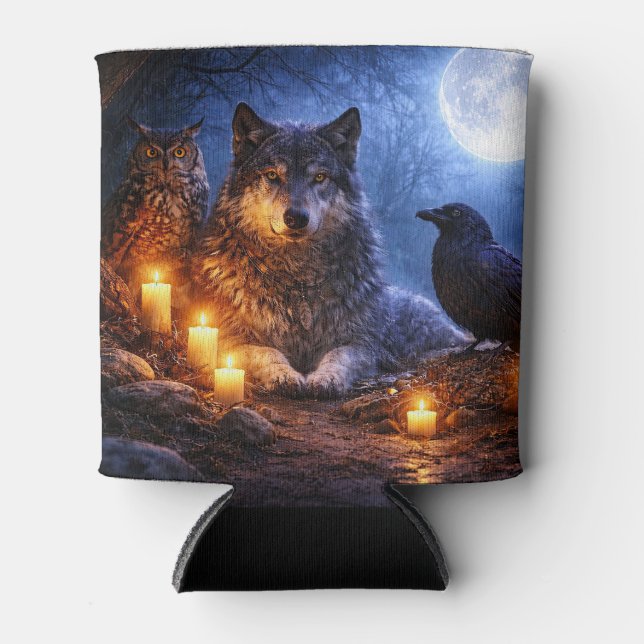 Wolf Owl and Raven Mystical  Can Cooler (Front)