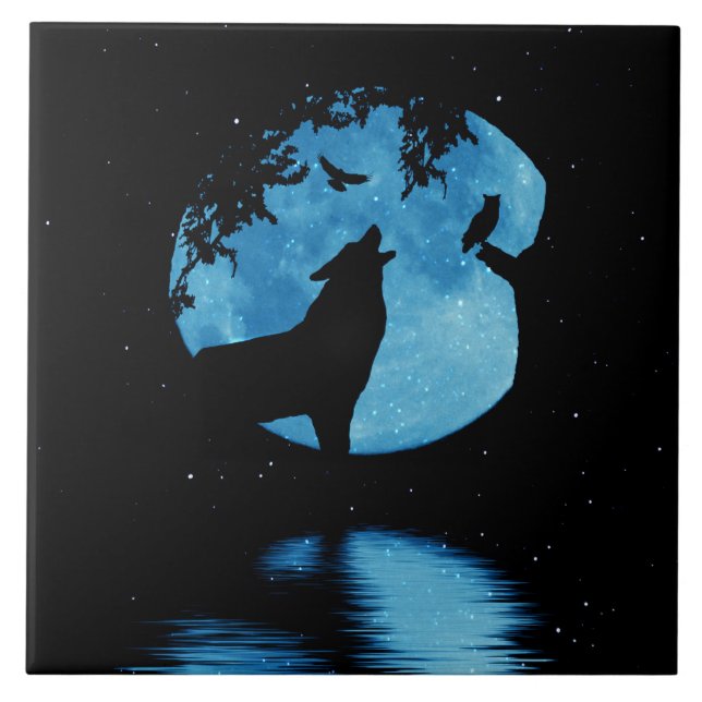 Wolf Owl Raven and Full Moon Art Tile (Front)