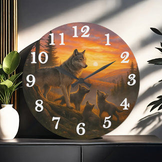 Wolf pack at golden sunset large clock