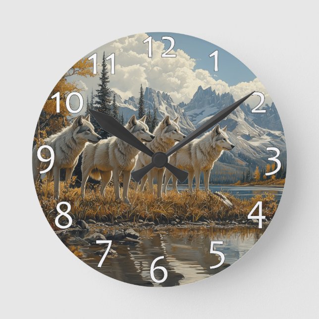 Wolf Pack by the Lake Round Clock (Front)