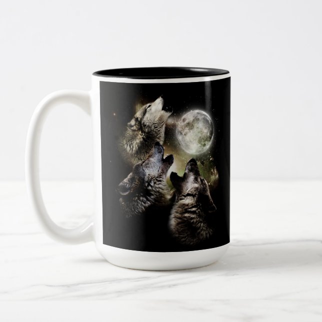Wolf Pack Howling Full Moon Two-Tone Coffee Mug (Left)
