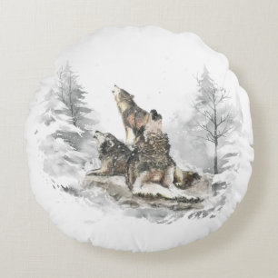 Wolf Pack Howling Winter Song Chorus Animal Art Round Cushion