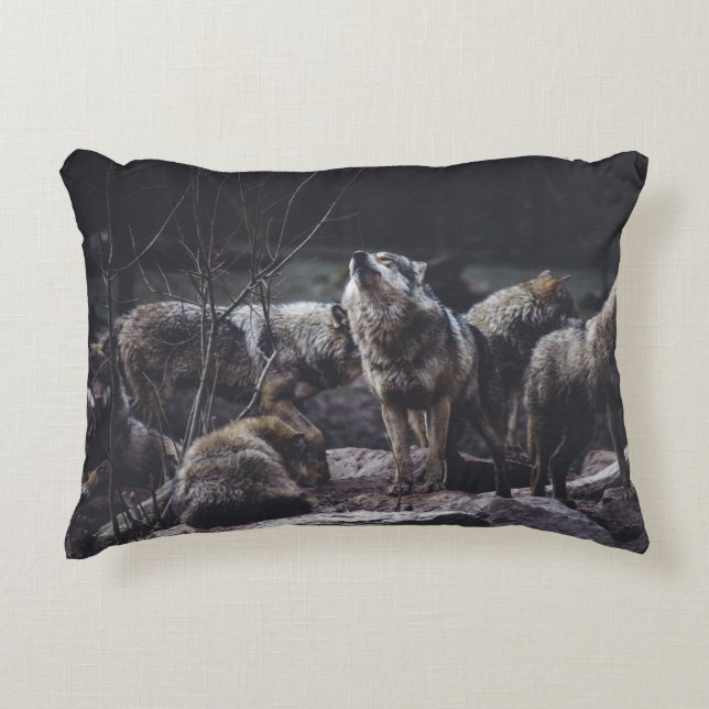 WOLF PACK ON ROCK FORMATION DECORATIVE CUSHION (Front)