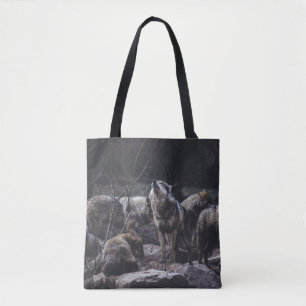 WOLF PACK ON ROCK FORMATION TOTE BAG