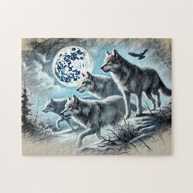 Wolf Pack Running in Moonlight Jigsaw Puzzle (Horizontal)