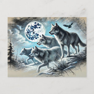 Wolf Pack Running in Moonlight Postcard