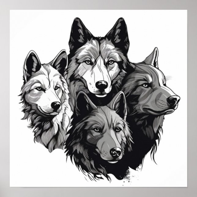 Wolf Pack Tribal Graphic Black and White Wolves  Poster (Front)