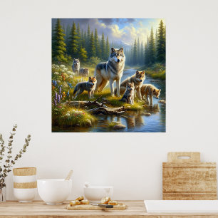 Wolf Pack Wolves Stream Nature Wildlife  Poster