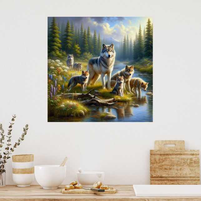 Wolf Pack Wolves Stream Nature Wildlife  Poster (Kitchen)