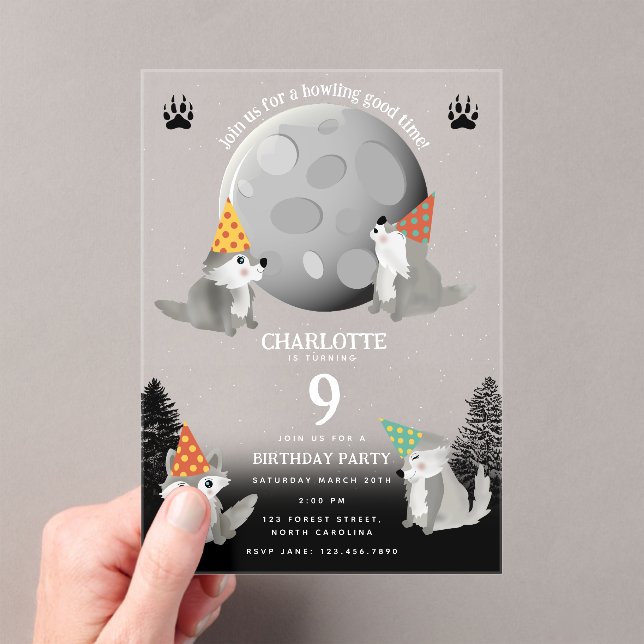 Wolf Pack Woodland Moon Howling Birthday Party Acrylic Invitations (Insitu (Handheld))